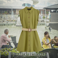 Robe d'été courte pour femme, verte unie, col rabattu, boutonnée sur le devant, sans manches, style vintage décontracté, tenue tissée