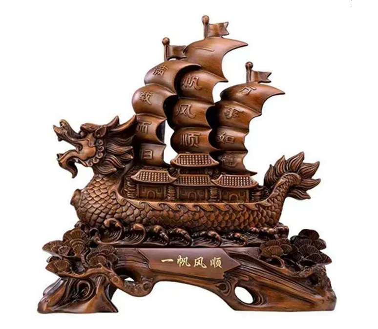Hars Houten Zeilboot Zhaocai Dragon Artefact Standbeeld