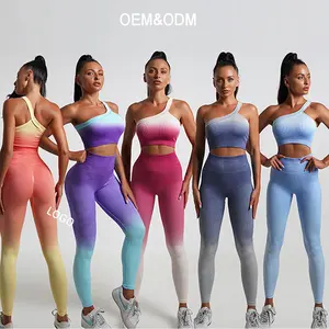 Ombre Seamless Active Wear Gym Set Fitness & Yoga Wear One Shoulder Sport Bra and High Waist Leggings Women Sexy Gym Sets