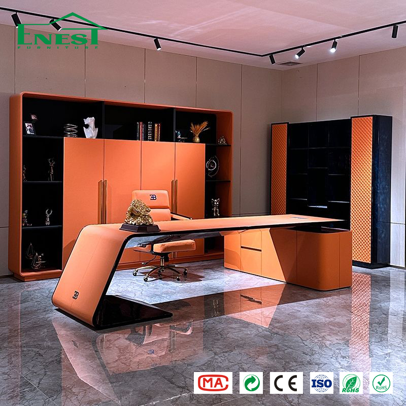 High-end Minimalist Commercial Office Furniture CEO Desk Modern Automobile Inspired Orange Executive Desk and Chair Set