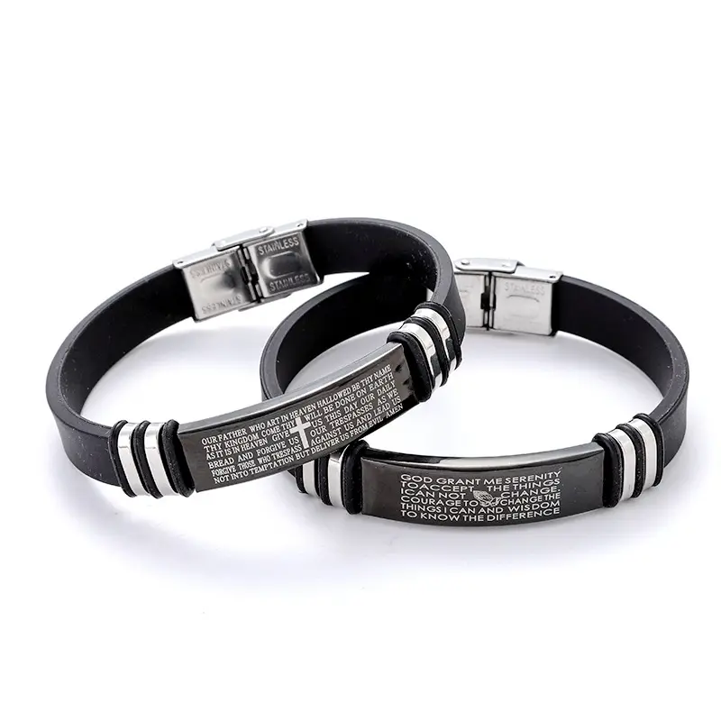 Fashion Religious Union Christian Bible Verse Cross Scripture Stainless Steel Genuine Silicone Bracelet