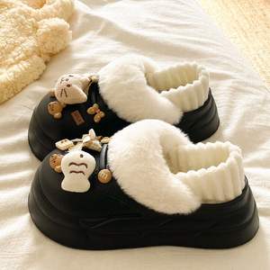 Evergreen Open Toe Half-<b>Slipper</b> for Women's Autumn/Winter <b>Thick</b>-<b>Soled</b> Double-Layer Wool Cotton Anti-Slippery <b>Slippers</b> - Product Image 2