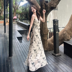 Stunning Beach Vacation Women's Early Summer Floor-Length Chinese Style Pencil Silhouette Sundress <b>Spaghetti</b> <b>Strap</b> Character - Product Image 3