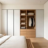 Lemari pakaian kayu custom sistem terbuka berbentuk U dengan rak gantung, laci kayu lapis kelas E0 dua warna minimalis modern