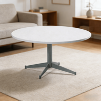 Table basse ronde moderne avec plateau en pierre blanche et base en métal gris, meubles de salon