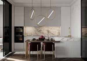 Foshan Unique Conception de porte d'armoire de cuisine personnalisée Forme cannelée Minimalisme Armoires de cuisine intelligentes avec îlot pour appartement et villa - Product Image 2