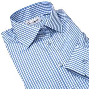 Femme coton coupe slim anti-rides col italien robe vichy bleu clair chemise à carreaux - Product Image 2