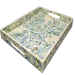 Hot sale rustic style high quality creative rectangular mother of pearl and wood tray