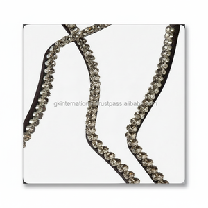 Banda Frontal para Caballo de Cuero Genuino Negro y Marrón con Cadena de Cristales Dorados Transparentes - Product Image 1