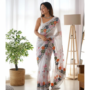 Indian Boutique Stylish Fancy Digital Print <b>White</b> Georgette Saree Exclusive Elegant Sari Blouse Ethnic Latest Trendy Blouse - Product Image 1