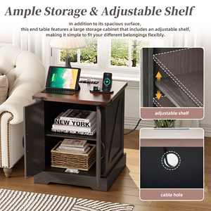 Farmhouse End Table With Charging Station <b>Rustic</b> <b>Wood</b> Nightstand 19.6 In Walnut Sofa Side Table - Product Image 5