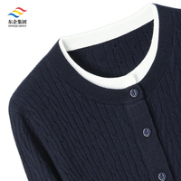 Damen Old-Money-Style Zopfmuster-Strickjacke mit Kontrastbesatz Rundhals Knopfleiste Langarm-Strickoberbekleidung mit Individuellem Logo