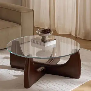 Mesa de vidro de madeira maciça mesa de centro moderna nórdica mesa de arte redonda para móveis de sala de estar