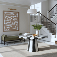 Table à manger ronde en marbre mosaïque radiale Dream Home, incrustation géométrique en pierre, piédestal conique, mobilier de salle à manger de luxe moderne pour villa