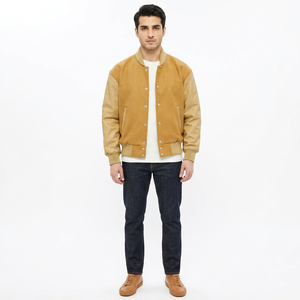 Hot Selling Custom <b>High</b> Varsity Genuine <b>Leather</b> Jacket Stand Winter Puffer Thin Wool Body Knitted Sleeves University Letterman - Product Image 1