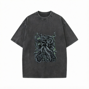 เสื้อยืดโอเวอร์ไซส์สีดำวินเทจสำหรับผู้ชาย พิมพ์ลายหนวดปลาหมึกสไตล์โกธิค สตรีทแวร์ ผ้าฝ้าย 230 กรัม แห้งเร็ว ระบายอากาศได้ดี - Product Image 1