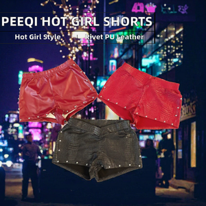 Shorts en cuir PU pour femmes, à rivets, taille élastique, mini-shorts, motif crocodile, streetwear, shorts de motard - Product Image 2