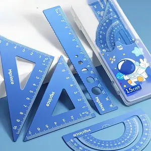 Metal Ruler 4pcs Set, Multifunctional Stationery Set For Students Including Straight Ruler / Triangle Ruler & Protractor, School