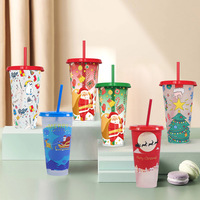 Gobelet en plastique de 24 oz à motif Père Noël, changeant de couleur, écologique, avec paille, idéal pour les fournisseurs de magasins, cadeau de Noël, vente en gros