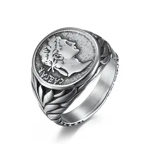 Vintage Roman Empire Caesar The Great Head Ring Stainless Steel Hip Hop Coin Caesar Figure Signet Ring For Men