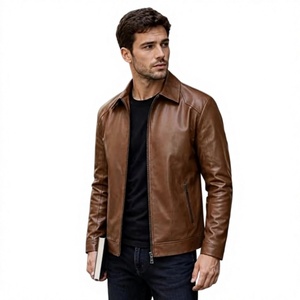 Veste de moto décontractée chauffante en cuir PU marron pour homme, col mandarin, fermeture éclair, coupe ajustée, couleur unie, pour l'hiver - Product Image 3