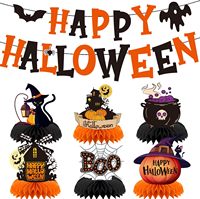 Décorations d'Halloween : Centre de Table Nid d'Abeille et Kit de Bannières - Chat Noir, Maison Hantée, Citrouille - Fournitures de Décoration pour Fête d'Halloween