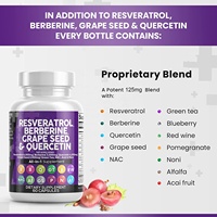 Capsules de resvératrol avec berbérine, extrait de pépins de raisin, quercétine, extrait de thé vert, santé cardiaque et complément pur pour femmes et hommes