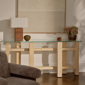 <span class=keywords><strong>Console</strong></span> Bernau de KUMUSI FURNITURE avec plateau en verre et base en travertin beige, consoles en marbre <span class=keywords><strong>massif</strong></span> - Product Image 1