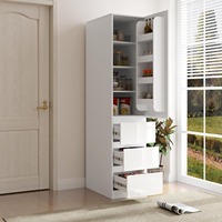 Buffet de cuisine moderne en bois blanc, haut et étroit, avec tiroirs, porte et étagères, armoire de rangement profonde pour salon