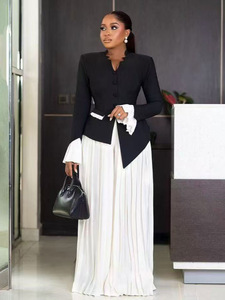 Bộ trang phục nữ gồm áo tay phồng thanh lịch và quần ống rộng xếp ly, kiểu dáng đơn giản, thích hợp mặc đi làm, mặc thường ngày, dành cho phụ nữ mũm mĩm, trang phục châu Phi. - Product Image 3