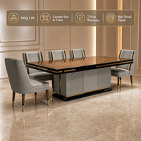 Ensemble de table à manger moderne de luxe en bois de burl, table rectangulaire 8 places avec chaises rembourrées, pieds en métal, meubles pour la maison