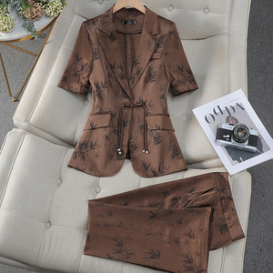 Chinese Style Printed Women's Suit Jacket Flared Pants Set Polyester Fabric Business Casual Wear - Product Image 4