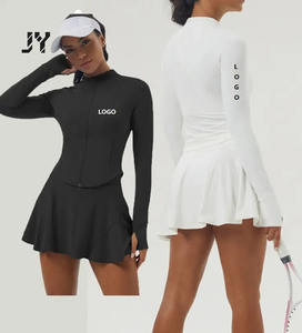 Joyyoung set rok wanita, 2 potong pakaian lengan panjang Zip atasan Crop lipit rok Mini pakaian tenis luar ruangan - Product Image 2