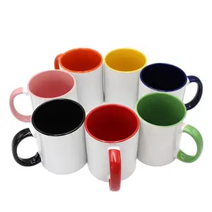Taza de café de cerámica con mango de color, color interior, sublimación, 11 oz, 7102