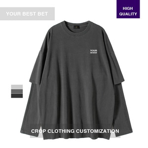 Ropa Logotipo personalizado Camiseta de dos piezas Algodón Caída Hombro Overblock Jacketouble Capa de manga larga Camiseta de <span class=keywords><strong>color</strong></span> puro - Product Image 4