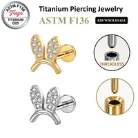 Piercing d'oreille en titane ASTM F136 Freya, sans filetage, à dos plat, avec zircon, pour cartilage, hélix, tragus, 16G, type push-pin
