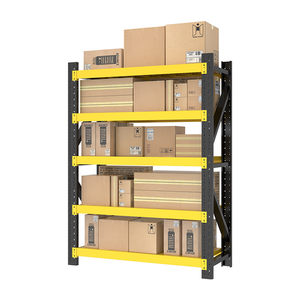 מדפים מתכת תעשייתיים מוסכים ומחסנים מתלה ללא מתלה עם מדף אחסון ארבע שכבות פלדה שחור וצהוב - Product Image 1