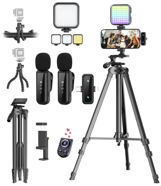 Portable Tripod Stand 2Mic 3 In1 Wireless Microphone LED Light Video Making Kit for Phone Camera YouTube TikTok Vlog Record