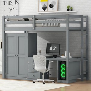 Lit pour enfants Loft avec armoire, bureau et tiroirs de rangement-Taille jumelle, meubles de chambre d'enfant peu encombrants - Product Image 2