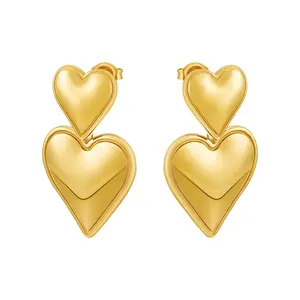 Latest 18K Gold Plated Stainless Steel Jewelry Double Love Heart Shaped Unique Drop Earrings For Women Gifts Earrings E231465