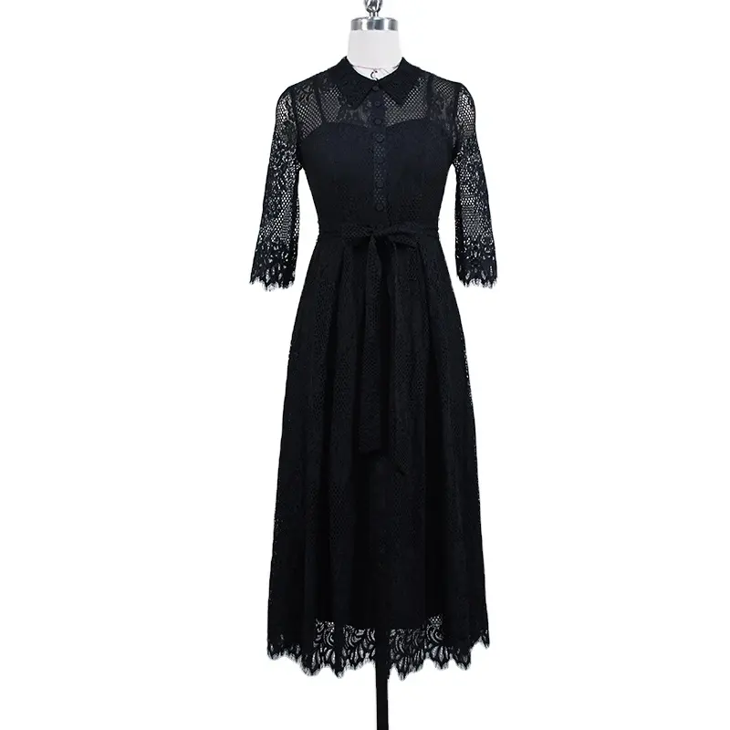 卸売カスタム2023ブラックレースフローラルレディースドレス夏休みドレス女性女性エレガントなロマンチックな女性の服
