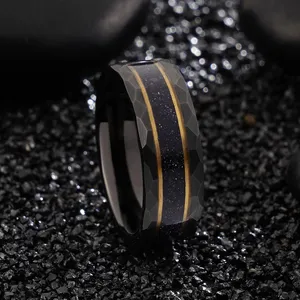 Poya cincin Tungsten lapisan hitam, perhiasan Strip emas batu pasir geometris