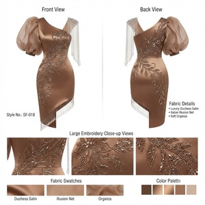 Robe de soirée élégante en satin caramel bronze à manches régulières, longueur genou, avec pompons en cristal et soutien-gorge intégré, idéale pour les cocktails et les soirées. - Product Image 1