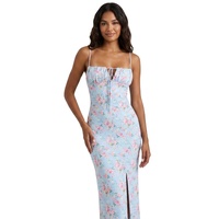 Robes d'été pour femmes, imprimé floral bleu, taille empire, col en V uni, coupe élégante et ajustée, style décontracté pour les fêtes