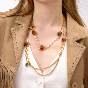 Collar de resina retro de diseño, joyería de acero inoxidable, forma geométrica de planta, elemento de perla, regalo para mujer - Product Image 2