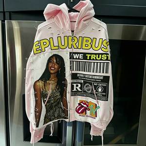 Veste zippée rose personnalisée pour homme, motif <span class=keywords><strong>montage</strong></span> <span class=keywords><strong>photo</strong></span>, collage de broches de sécurité, effet vieilli, style punk rebelle, streetwear Y2K, en coton épais - Product Image 3