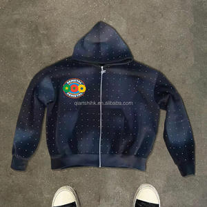 Sudadera con capucha bordada Vintage Boxy primavera personalizada de gran tamaño lavado ácido cremallera Sudadera con capucha Unisex peso pesado Rhinestone Zip up Hoodie - Product Image 1