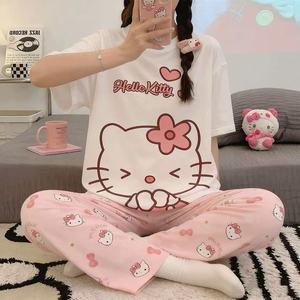 Pigiama Estivo da <span class=keywords><strong>Donna</strong></span>: Top a Maniche Corte e Pantaloni Lunghi in Poliestere Traspirante Effetto Seta Latte, Fantasia Cartone Animato, Vestibilità Comoda - Product Image 2
