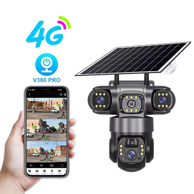 Hot Selling 3 Screen Solar Powered 4G and WiFi PTZ Camera 360° View Color Night Vision Outdoor Wireless Security CCTV Camera