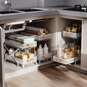 Nieuw Ontwerp Opvouwbare Metalen Uittrekbare Verstelbare Hoogte 2 Tier Onder Gootsteen Opslag Organizer Keuken Organizer Rack